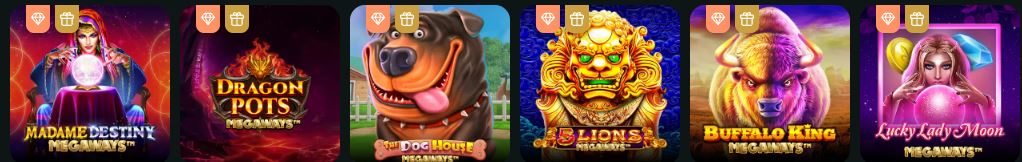 GoldenRoo Megaways games including Madame Destiny, Dragon Pots, The Dog House, 5 Lions and Buffalo King