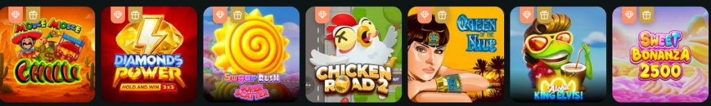 Top GoldenRoo casino games including Chicken Road 2, Queen of the Nile, Sugar Rush and Sweet Bonanza 2500
