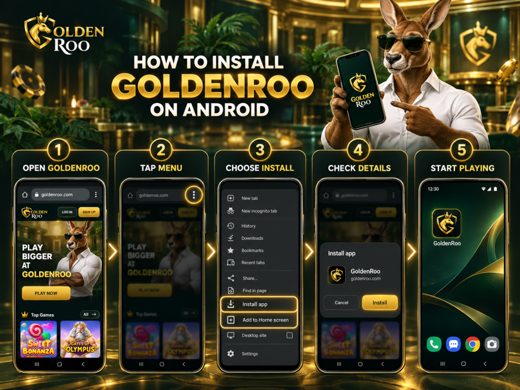 GoldenRoo Android installation guide with PWA setup steps
