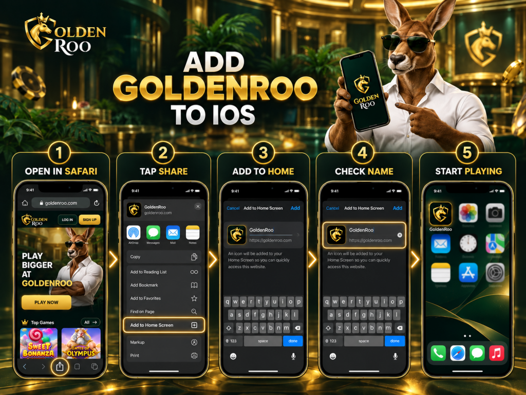 GoldenRoo iOS installation guide for adding the casino to the iPhone home screen